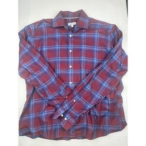 Peter Millar Button Down Shirt Large Burgundy Blue Plaid Long Sleeve Pocket